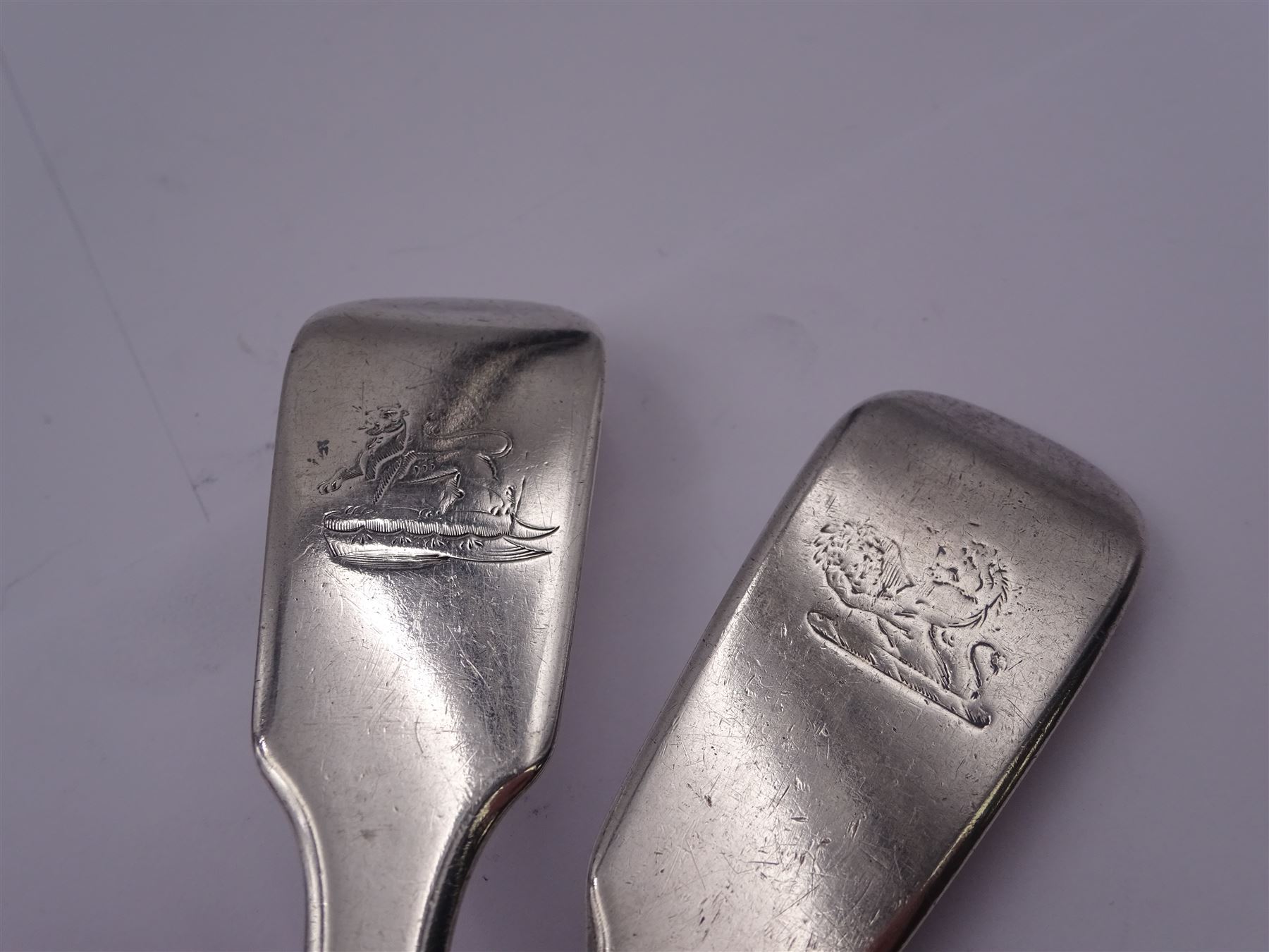 William IV silver Fiddle pattern table spoon, hallmarked Lewis Samuel, London 1832, together with a Victorian example, hallmarked London 1847, makers mark indistinct, each approximately L22.5cm, approximate total weight 5.11 ozt (159 grams)