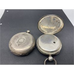 Five Victorian and early 20th century silver lever pocket watches including keyless half hunter, Fattorini & Sons, Bradford, Thomas Russell & Sons, Liverpool and Thomas Yates, Preston and a silver graduating Albert chain with fob