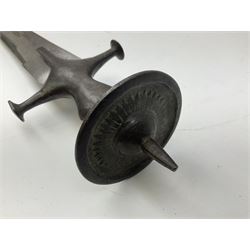 19th Century Indian Tulwar sword with 77cm single edged, slightly curved fullered blade;  steel crossguard, langets, grip and spiked disc pommel with stiff leaf decoration L90cm overall