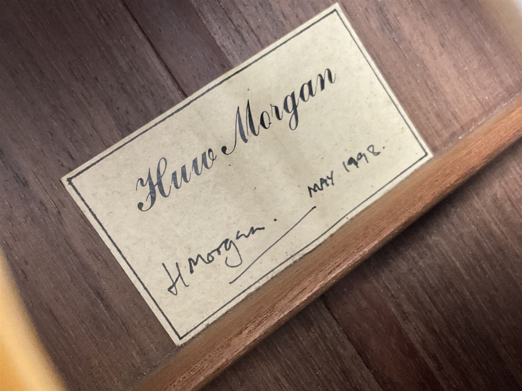 British hand made classical acoustic guitar by Huw Morgan with Indian rosewood back and sides and spruce top; bears label dated May 1998; L100cm; in Tribal Planet lightweight carrying case
