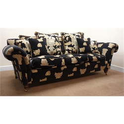  Duresta three seat sofa, scrolled arms upholstered in a black fabric with classical architectural prints (W240cm) and pair matching Howard style armchairs (W107cm) (3)  