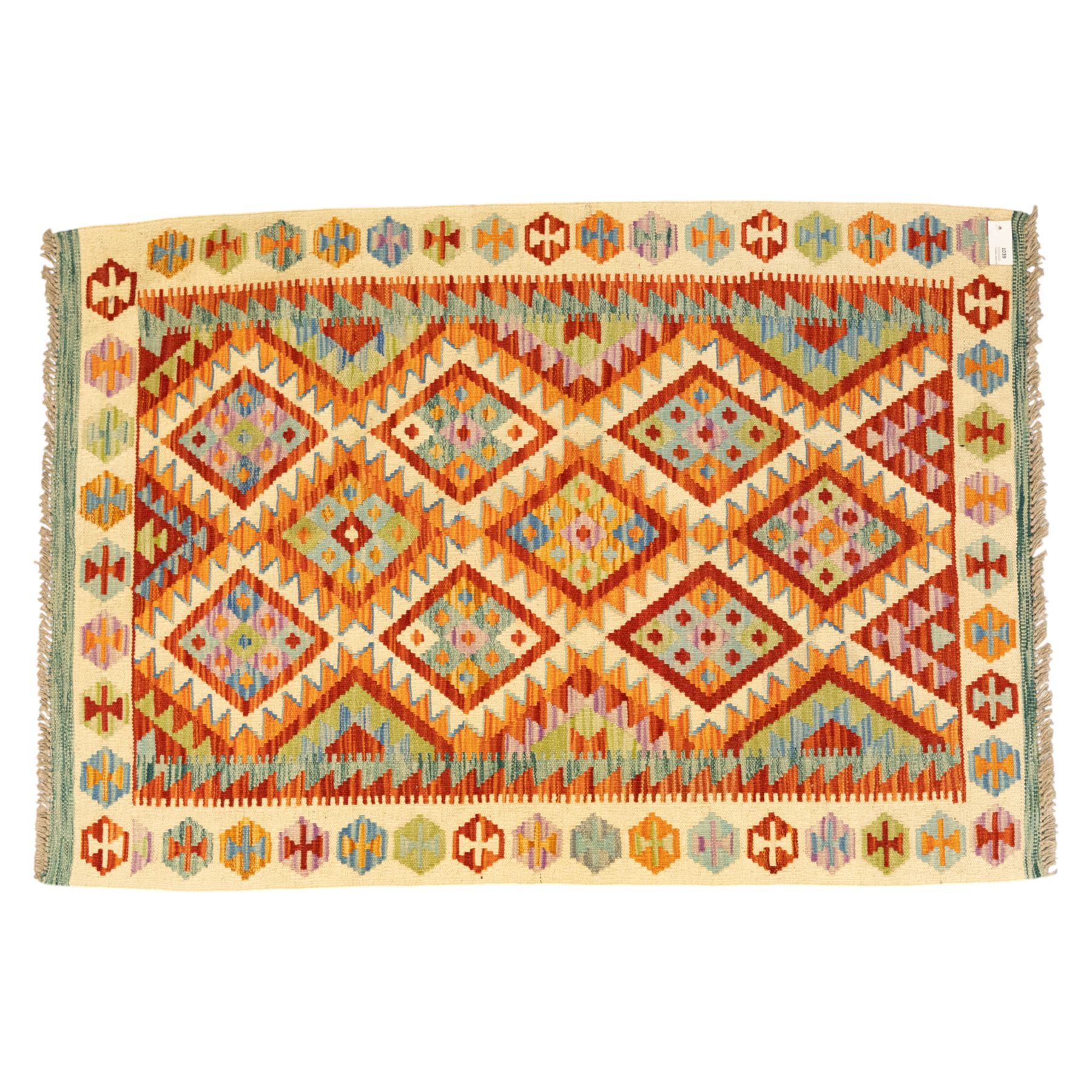 Two Chobi Kilim flatweave rugs, comprising the largest kilim on a cream ground with a grid of stepped diamond medallions in a palette of rust red, turquoise, green, ochre, and lilac,, filled lozenge motifs, framed by a cream ground border, 148x101cm, Chobi Kilim with multi-stepped diamond medallion with serrated bands, in terracotta, turquoise, green, saffron and blue, framed by a broad polychromed border of stylized guls and narrow guard stripes, 114x87cm 