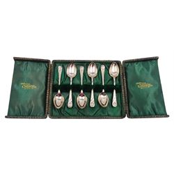 Set of six early 20th century Art Nouveau silver teaspoons, the terminals embossed with stylistic flowers, hallmarked John Henry Potter, Sheffield 1911, contained within silk lined fitted case