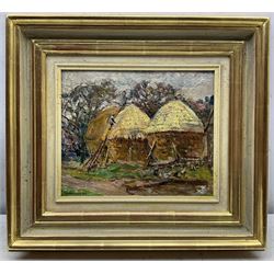 Rowland Henry Hill (Staithes Group 1873-1952): 'Cornstacks at Ellerby', oil on board signed and dated 1927, 22cm x 27cm 
Provenance: private collection, exh. Phillips & Sons, The Dower House, Cookham, June 1976 and September 1987, label verso