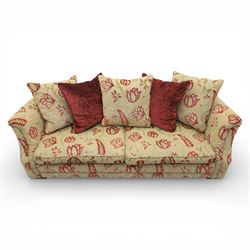 Alstons - traditional design three seat sofa, loose feather cushions, upholstered in red and gold '5911' fabric