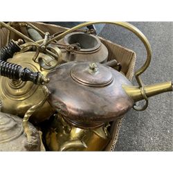 Collection of brass and copper kettles, including two spirit kettles etc