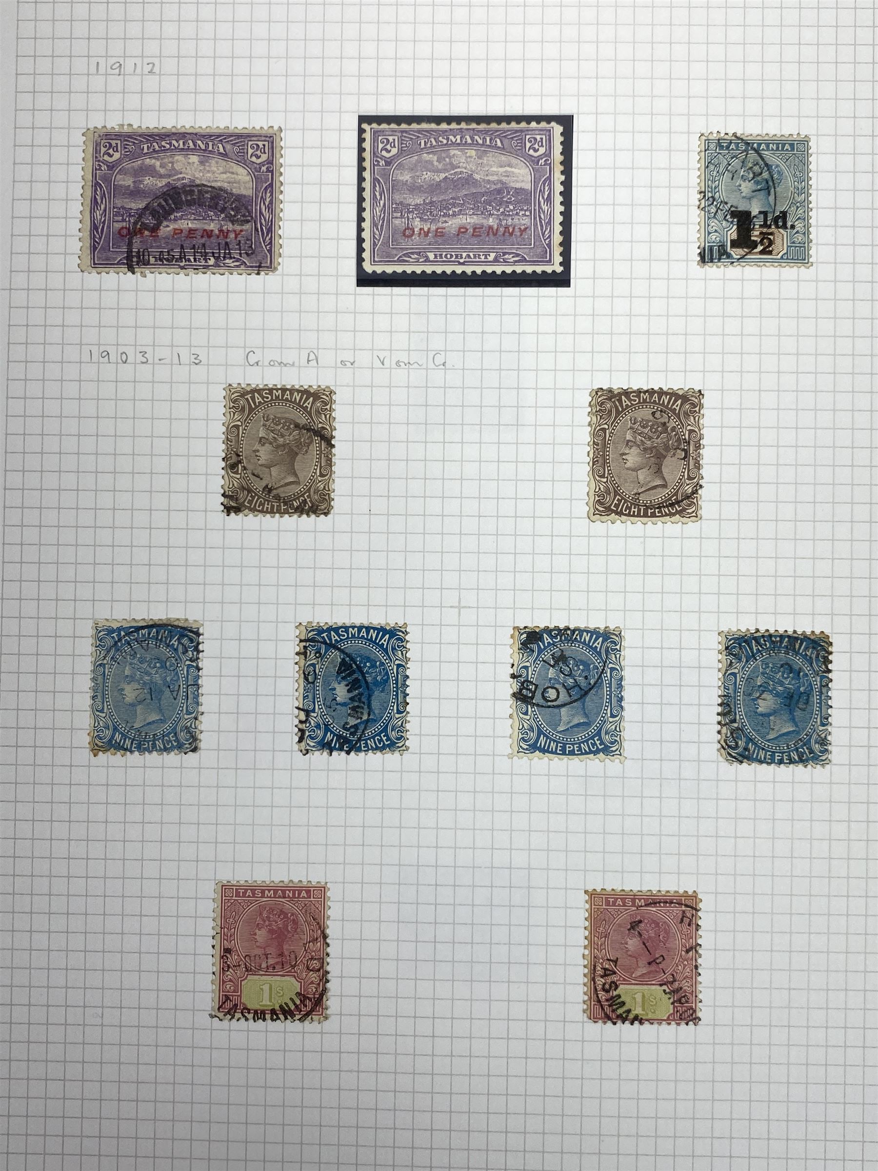 Van Diemen's Land (Tasmania) Queen Victoria and later stamps, including 1853-4 one penny and four penny stamps, 1855 two pence and four pence, 1856 one penny, 1857 various values, 1864-80 various perf issues etc, housed on pages