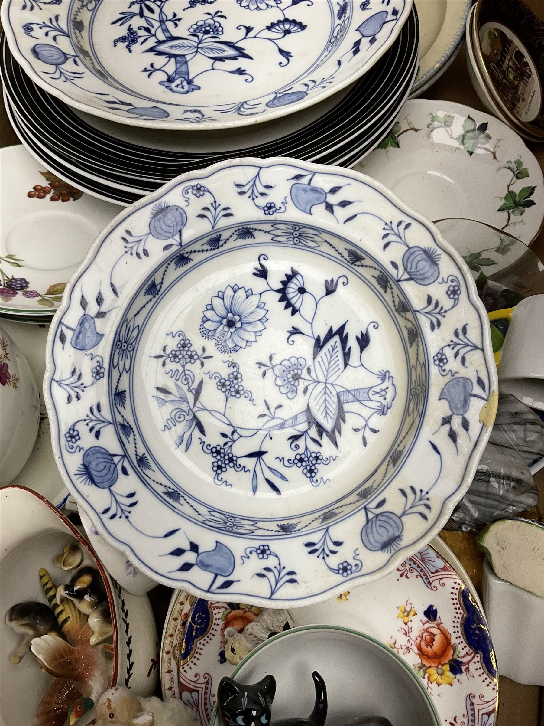 Collection of ceramics in four boxes to include two Meissen onion pattern blue and white plates, each with blue painted crossed swords mark to base,  Hornsea Fauna, West German plate etc