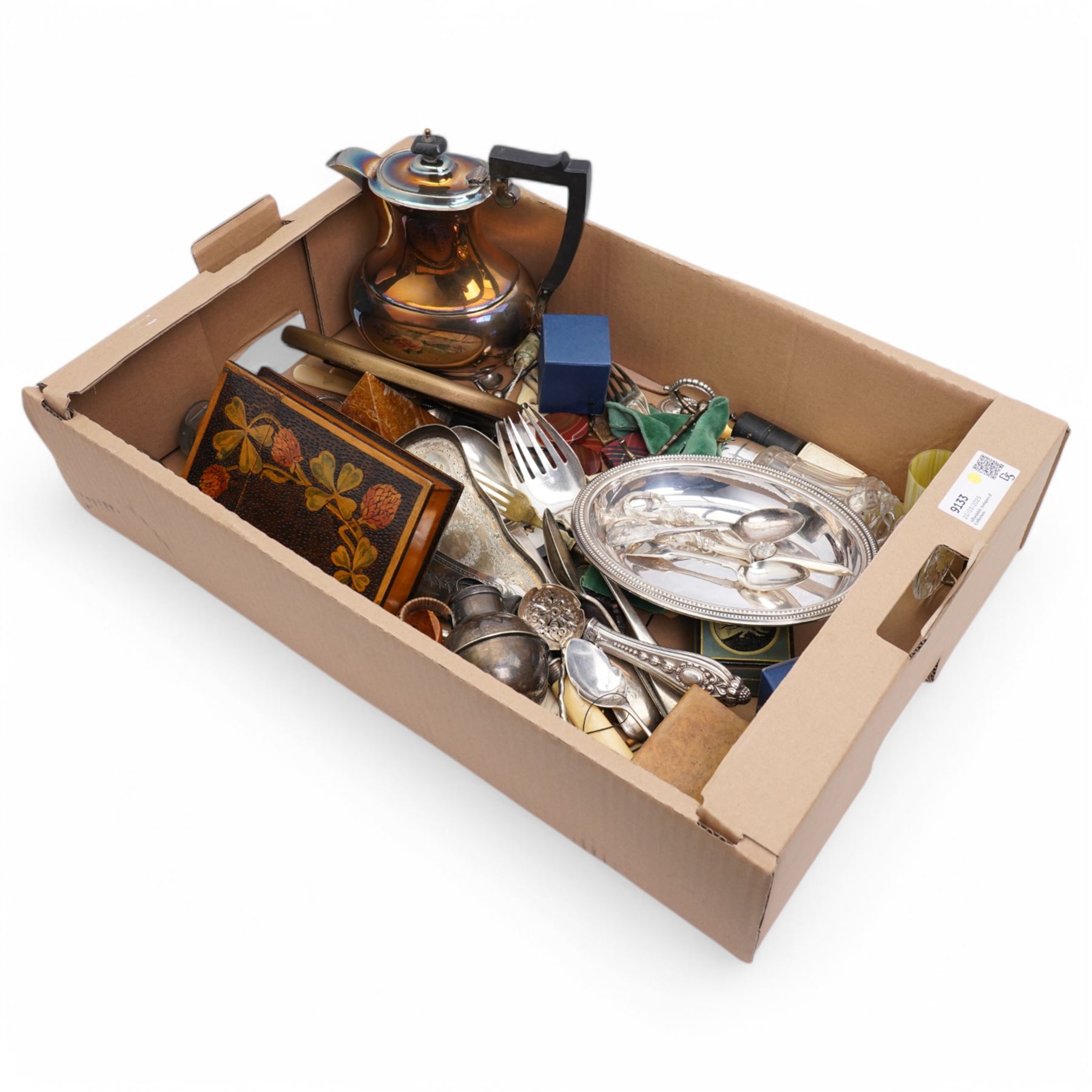 Various silver plate items, wooden kaleidoscope, Royal Scot crystal glasses, needlework, bone snuff boxes, etc