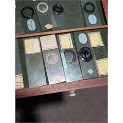 Victorian collector's specimen cabinet, containing a number of prepared microscope slides including miniature photographs, animal and human pathological, physiological and histological specimens and botanical specimens, mostly annotated in ink, the cabinet with glazed door, the drawers with bone handles and lined with green felt, owned by Dr Arthur Bristow, together with a picture of the doctor, cabinet H43cm