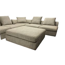 Contemporary corner sofa upholstered in grey fabric (310cm x 282cm); with matching rectangular footstool (110cm x 110cm)