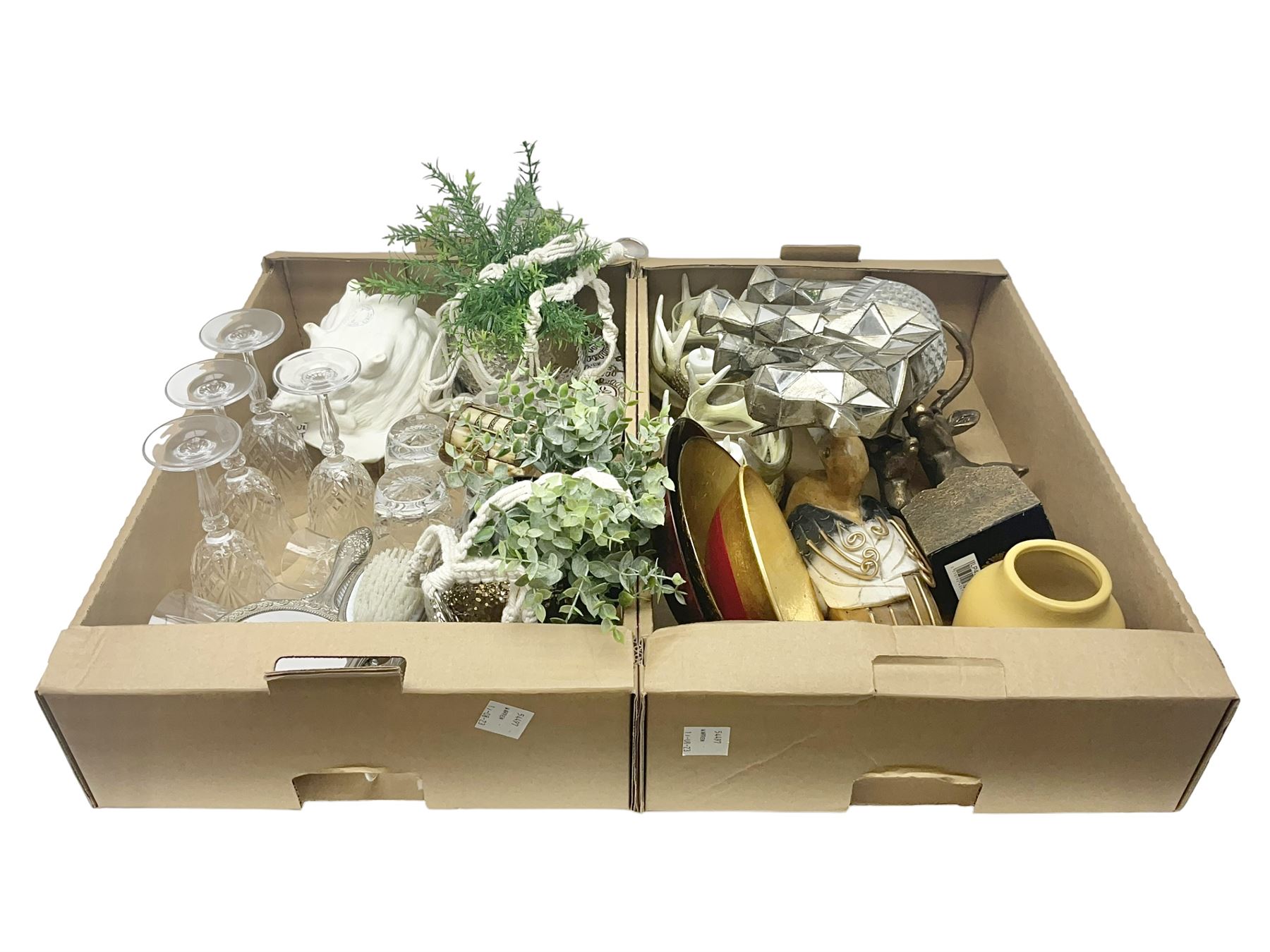 Collection of glass ware, to include six tumblers and six wine glasses, together with other decorative collectables, in two boxes