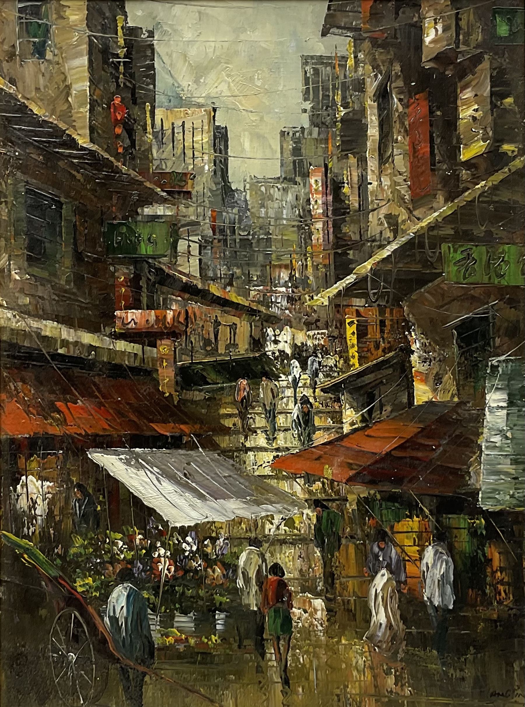 Yangping (Chinese 20th century): Ladder Street Hong Kong, oil on canvas signed 57cm x 42cm