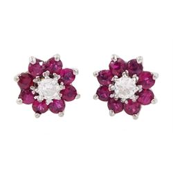Pair of 18ct gold ruby and round brilliant cut diamond cluster stud earrings, hallmarked