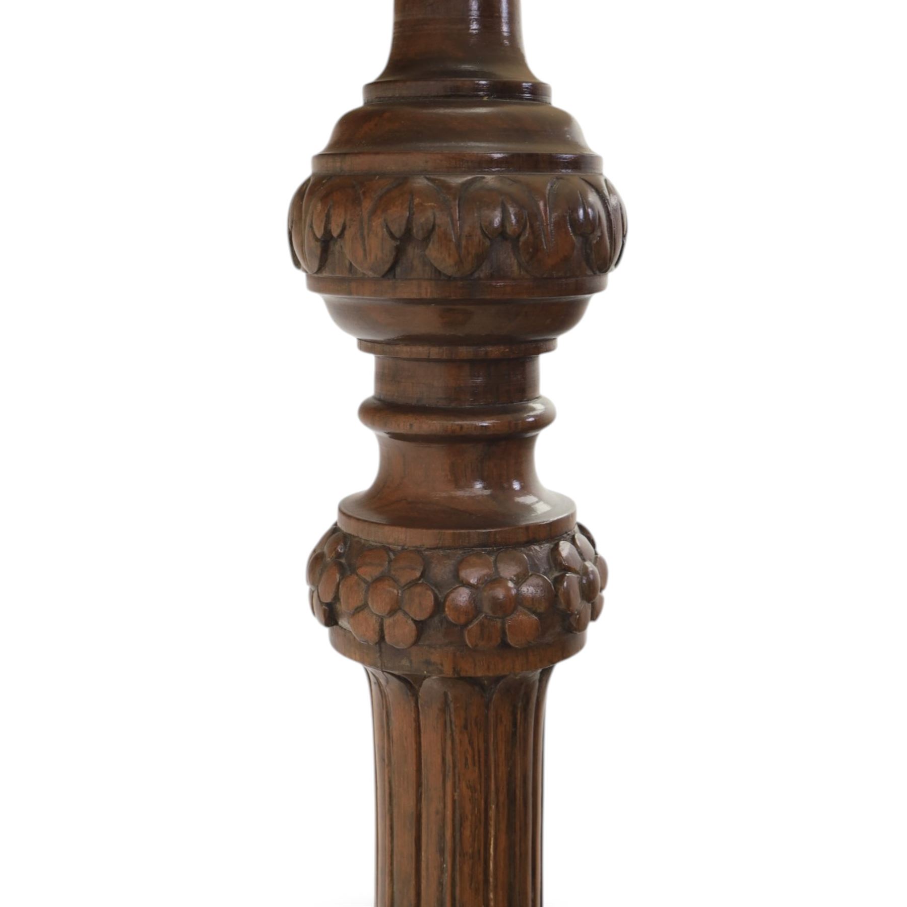 Late 19th Century mahogany standard lamp with shade, canvas beige shade, above a carved and turned column, on a carved base with pad feet