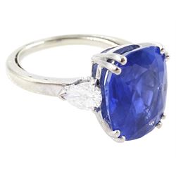 French 18ct white gold and platinum three stone unheated Ceylon sapphire and diamond ring, the single mixed cushion cut sapphire of 8.49 carat, with Gem Paris report, flanked by pear cut diamonds, hallmarked, total diamond weight approx 0.60 carat