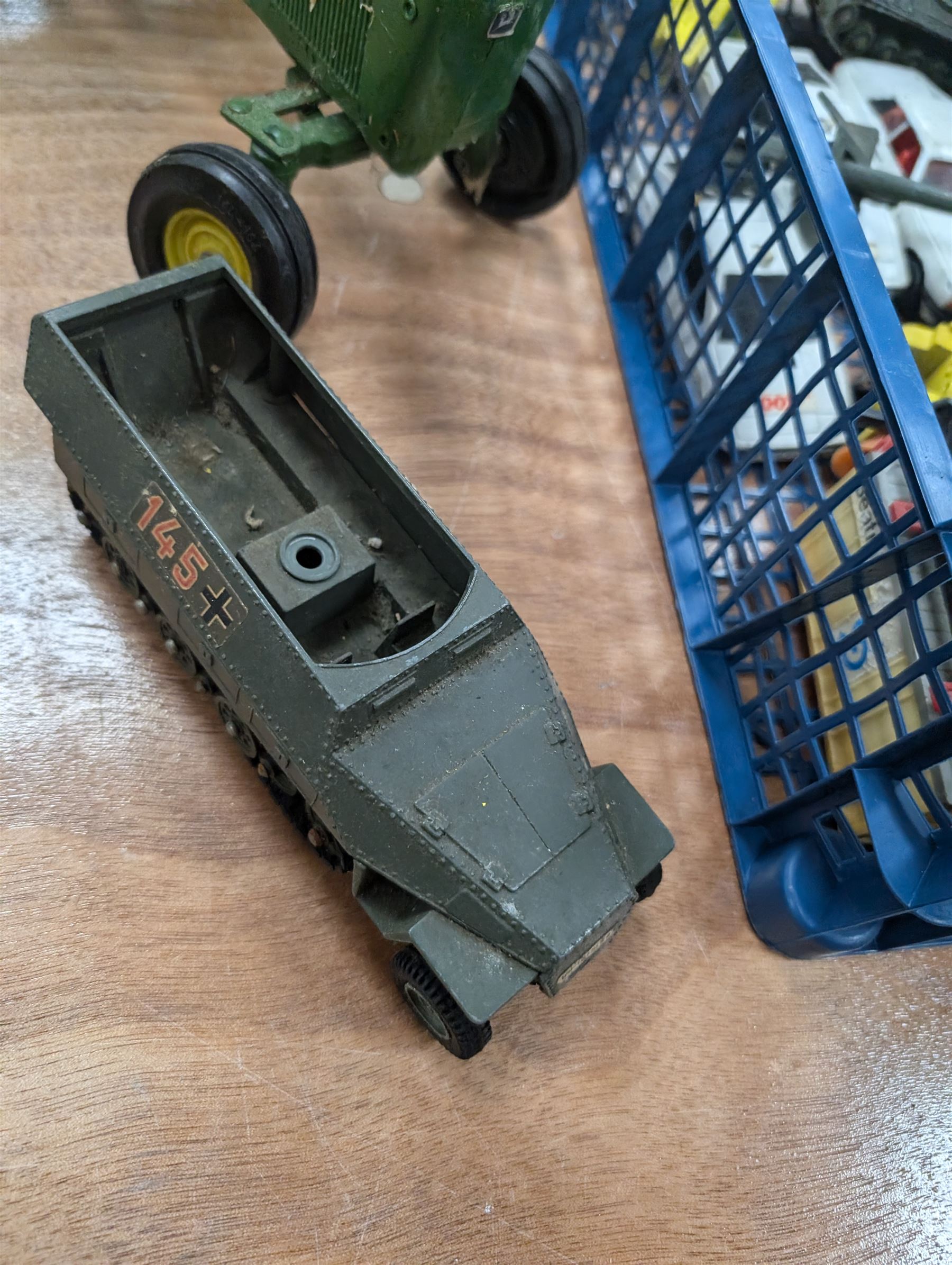 Diecast vehicles, including Britains John Deere tractor, two Corgi 007 Lotus Espirit, four Dinky tanks, etc