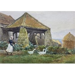 Albert George Stevens (Staithes Group 1863-1925): Young Girl Chasing Geese at Goldsborough near Whitby, watercolour signed 26cm x 37cm