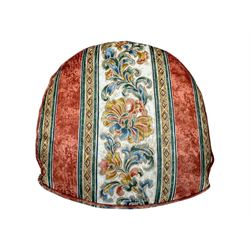 Pair of cherry wood framed tub-shaped armchairs, upholstered in striped floral fabric with brass stud trim, carved walnut frame with fluted supports capped with pinecone finials, on turned feet