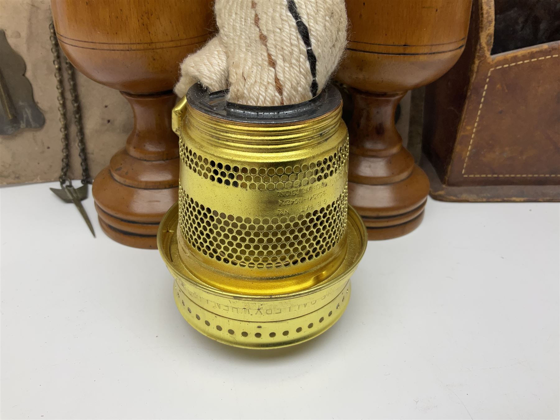 Pair of turned wooden goblets, six hardstone eggs, vintage slide rule and a leather letter rack, etc