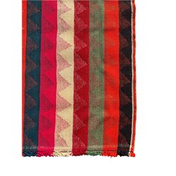 Southwest Persian Jajim Kilim ground rug, decorated with alternating vertical stripes in shades of crimson, orange, green, and black, with subtle triangular motifs woven into each stripe, bordered by narrow bands