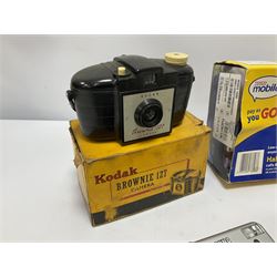 Polaroid Supercolor 635 camera, with box and manual, Kodak Brownie 127 with box, other digital cameras etc