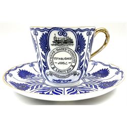 Late 19th century Coalport porcelain cup and saucer in the 'Aster' pattern bearing the crest of Express Dairy Company Limited, College Farm, Finchley and decorated with a steam locomotive
