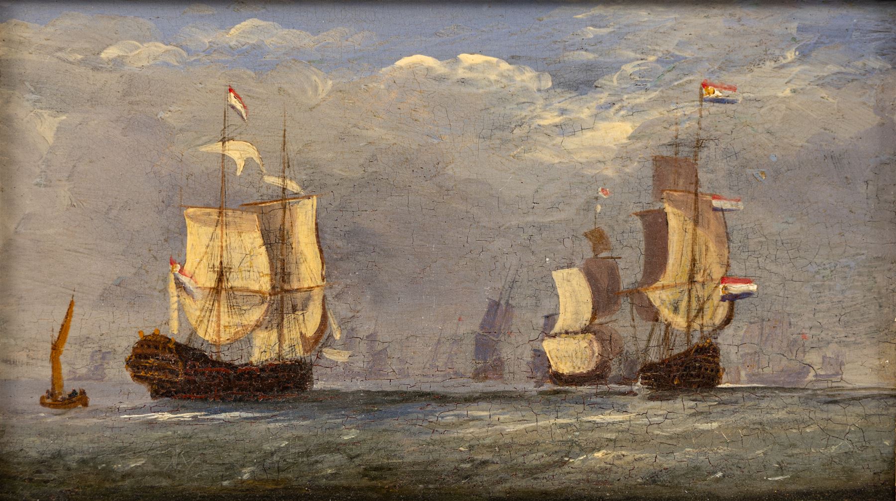 Circle of John Ward of Hull (British 1798-1849): British and Dutch Ships at Sea, pair oils on panel unsigned 13cm x 23cm (2)