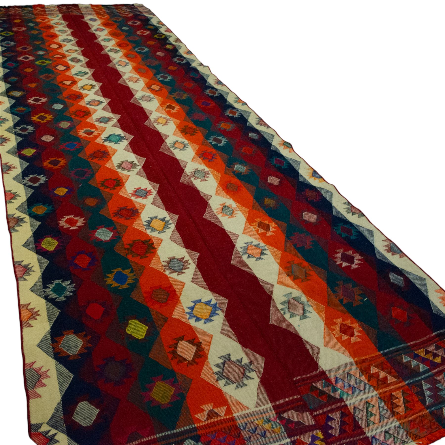 Southwestern Persian Jajim kilim, flat woven in bold bands of crimson, orange, cream, and indigo, decorated with rows of hooked diamond and star motifs 