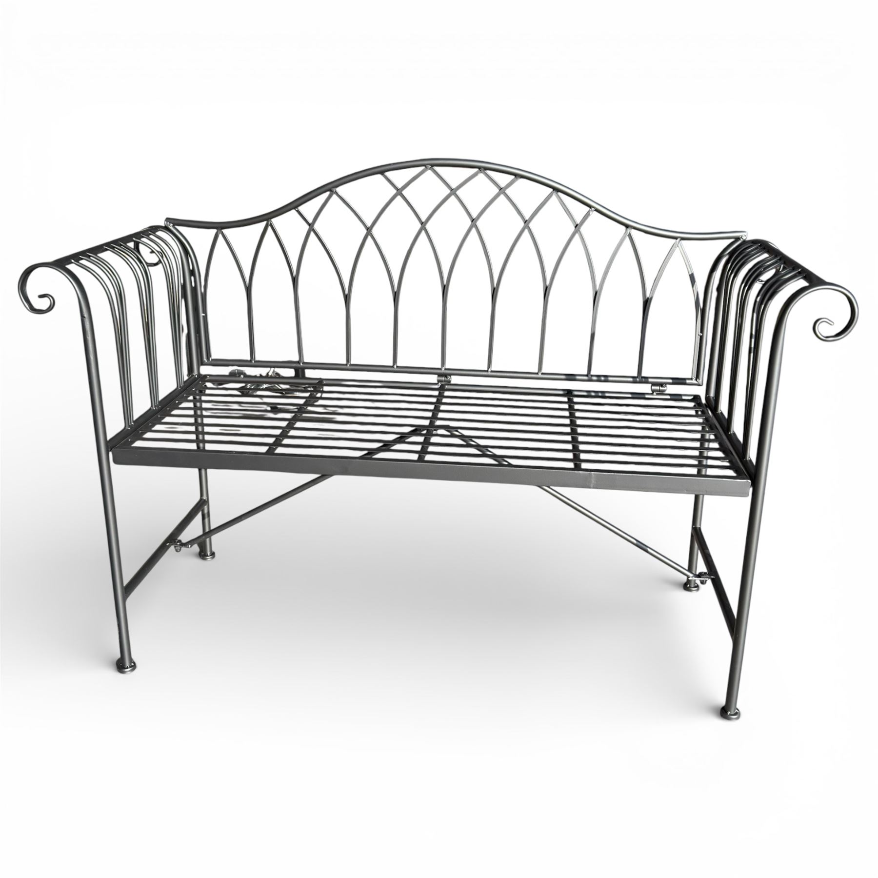 Black powder coated metal bench in a Victorian style