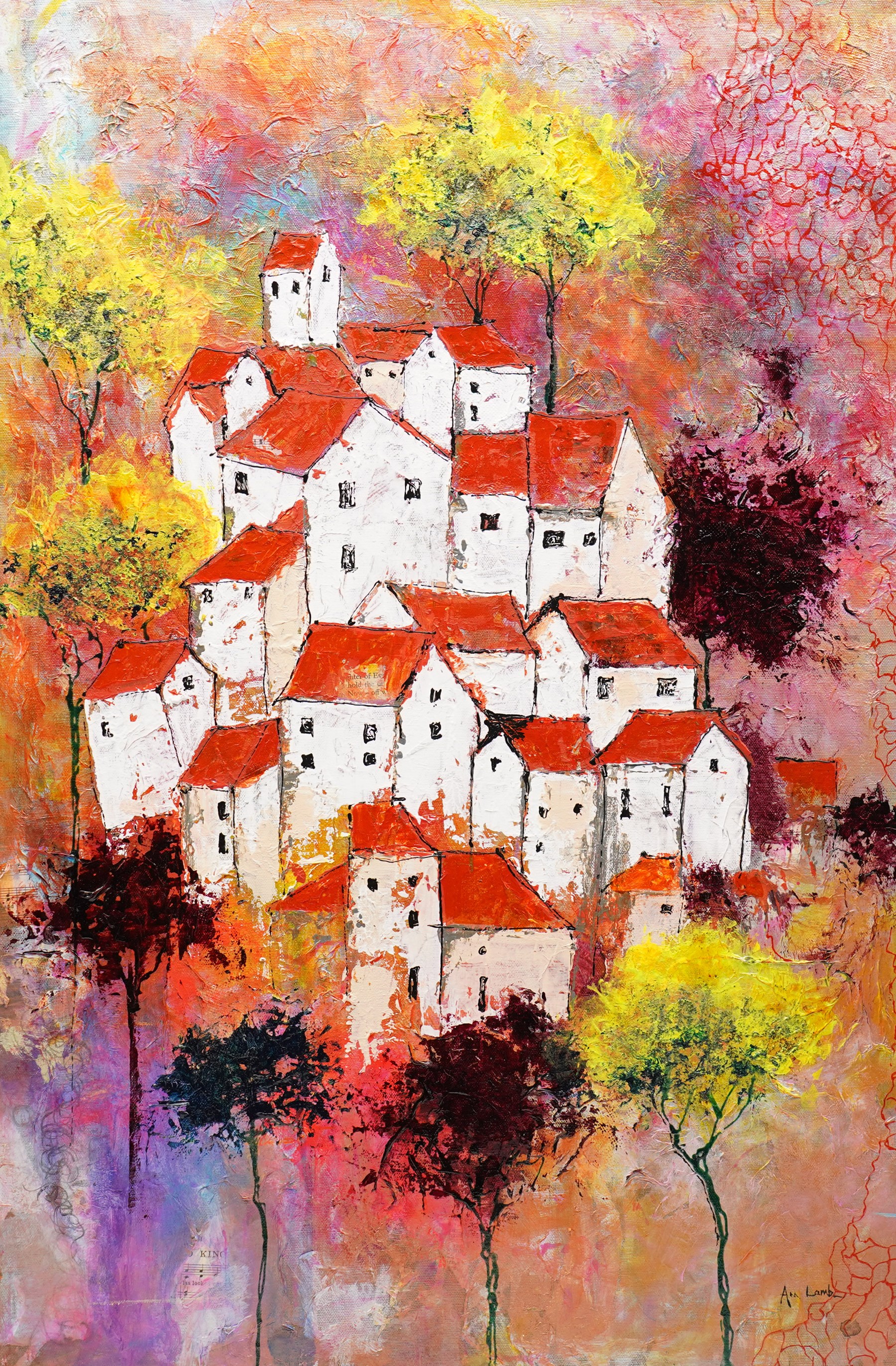 Ann Lamb (British 1955-): Crowded Landscape with Luminous Trees, mixed media on canvas signed 76cm x 50cm (unframed)