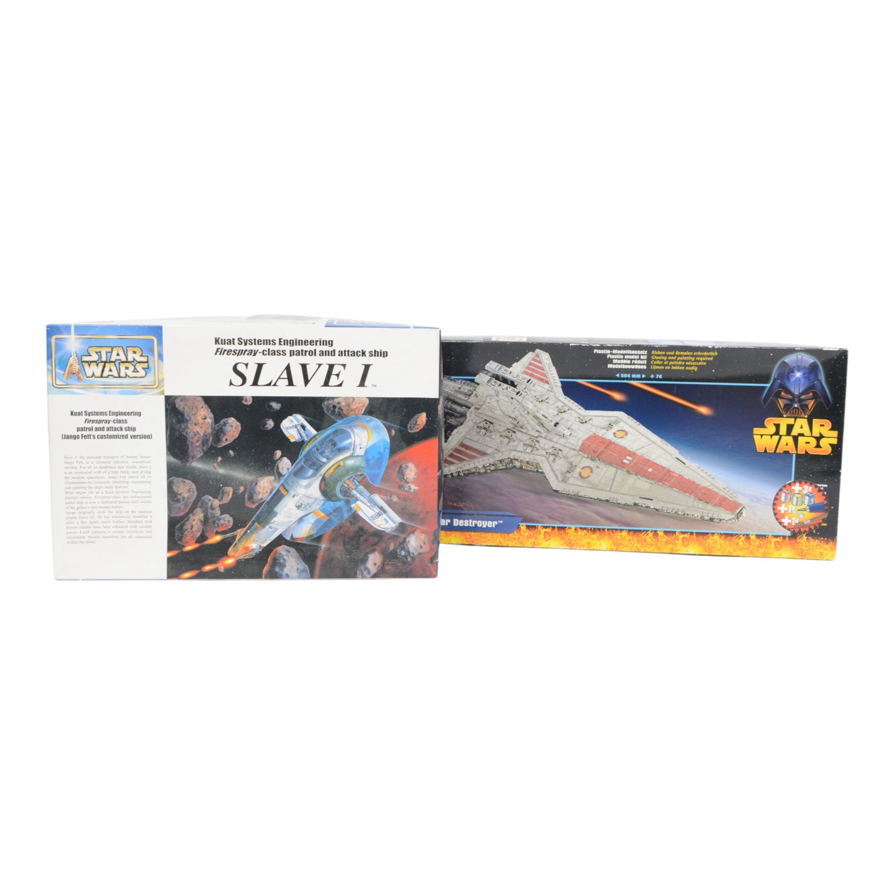 Two Star Wars model kits, comprising Revell Republic Star Destroyer and Fine Molds Slave I, both boxed