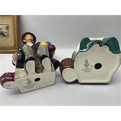 Four Royal Doulton figures, to include The Broken Lance HN 2041, The Old Balloon Seller HN 1315, The Balloon Man HN 11954 and Little Boy Blue HN 2043, together with a Coalport Ladies of Fashion figure Regina and three framed hunting silk needle works
