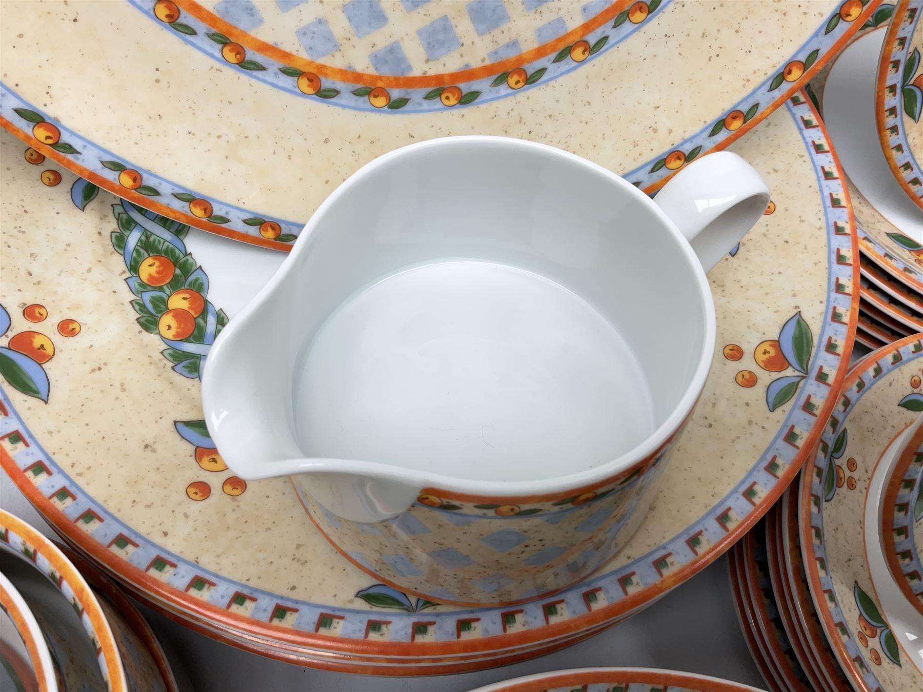 Villeroy & Boch Gallo design Switch 4 Naranja & Nazare pattern tea and dinner wares, to include seven dinner plates, twin handled lidded tureen, five mugs, four saucers, jug, lidded sucrier, large bowl,  seven ramekins, various side plates, two bowls etc