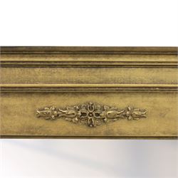 Late 20th century neoclassical style gilt wall mirror, the moulded cornice above a plain frieze centred with foliate mount, fluted pilaster sides with applied ornament, on moulded plinth base surrounding a rectangular mirror plate