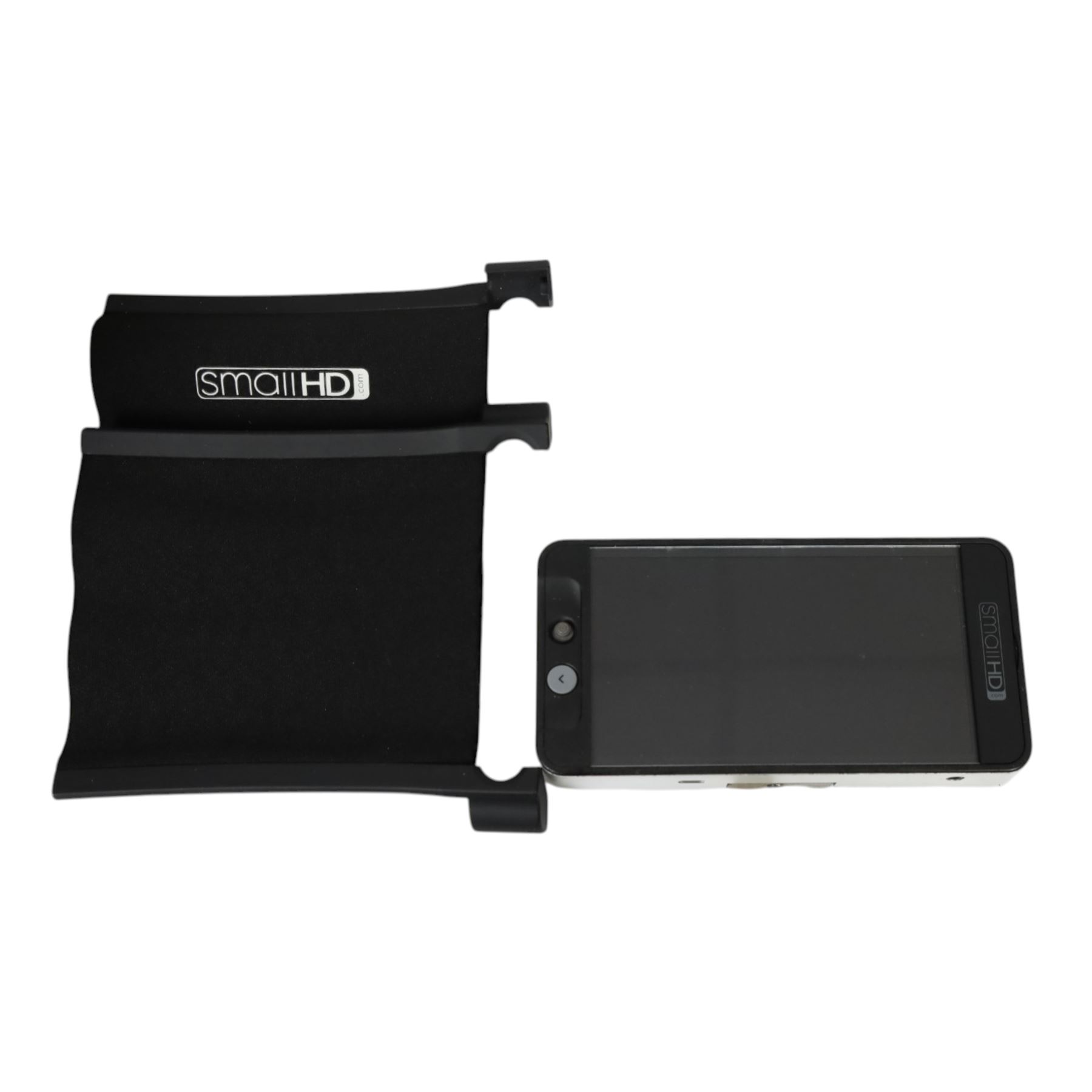 SmallHD 502 5 inch monitor, with sun hood, SmallRig magic arm and associated cables including two dummy batteries, two SDI cables, three batteries and charger, contained within a Peli 1400 case