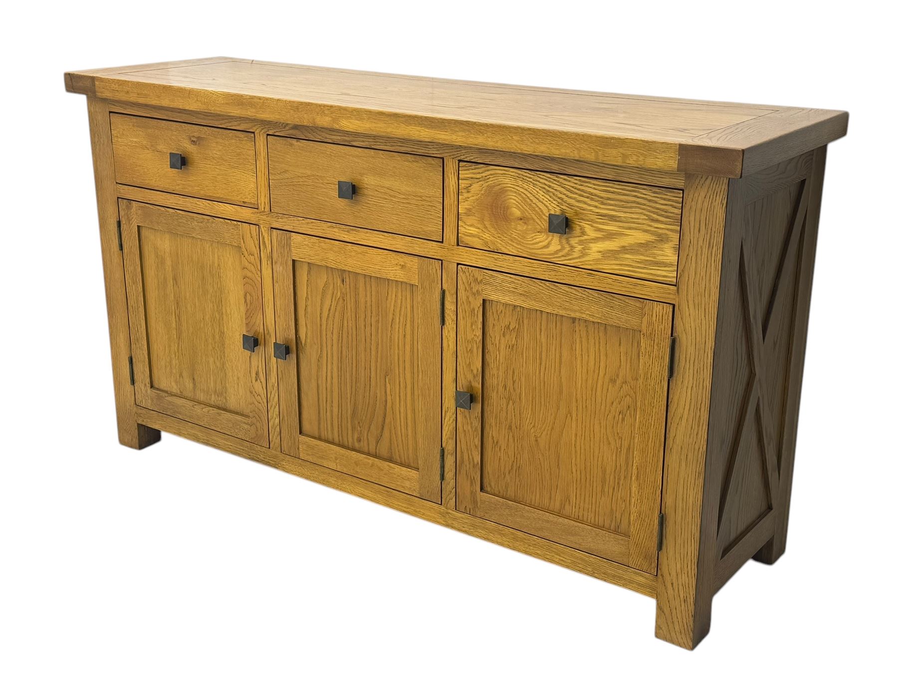 Oak Furnitureland, golden oak sideboard. Three single draws, three cupboard doors with single shelf