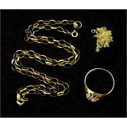 Gold cubic zirconia ring, gold cable link necklace and one other, all 9ct stamped or hallmarked