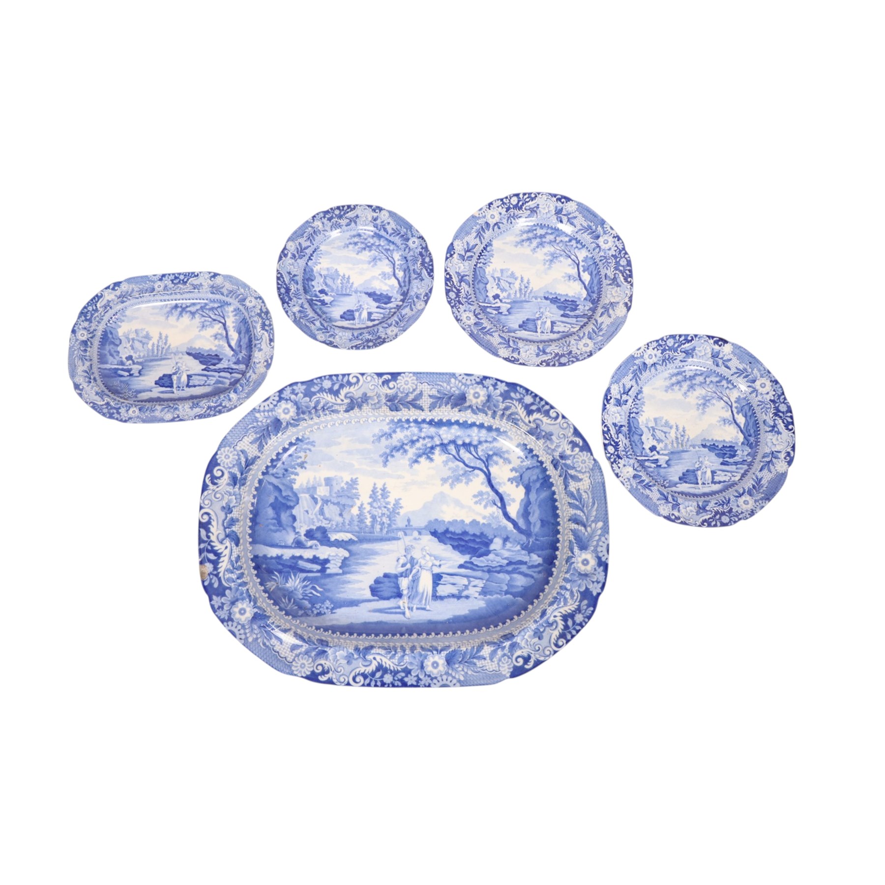 19th Century, Brameld & Co, Castle of Rochefort pattern meat platter, serving dish and three plates, meat platter L49cm, D37cm