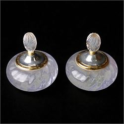  Glass vanity dish and pair of lidded vessels, retailed by Harrods, dish L17cm, H7cm