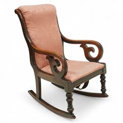 19th century mahogany rocking chair, with scroll carved open arms and padded back and seat...