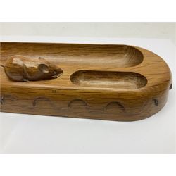 Mouseman - oak pen tray, rectangular form with rounded ends, carved mouse signature over penny moulded edge, by the workshop of Robert Thompson, Kilburn