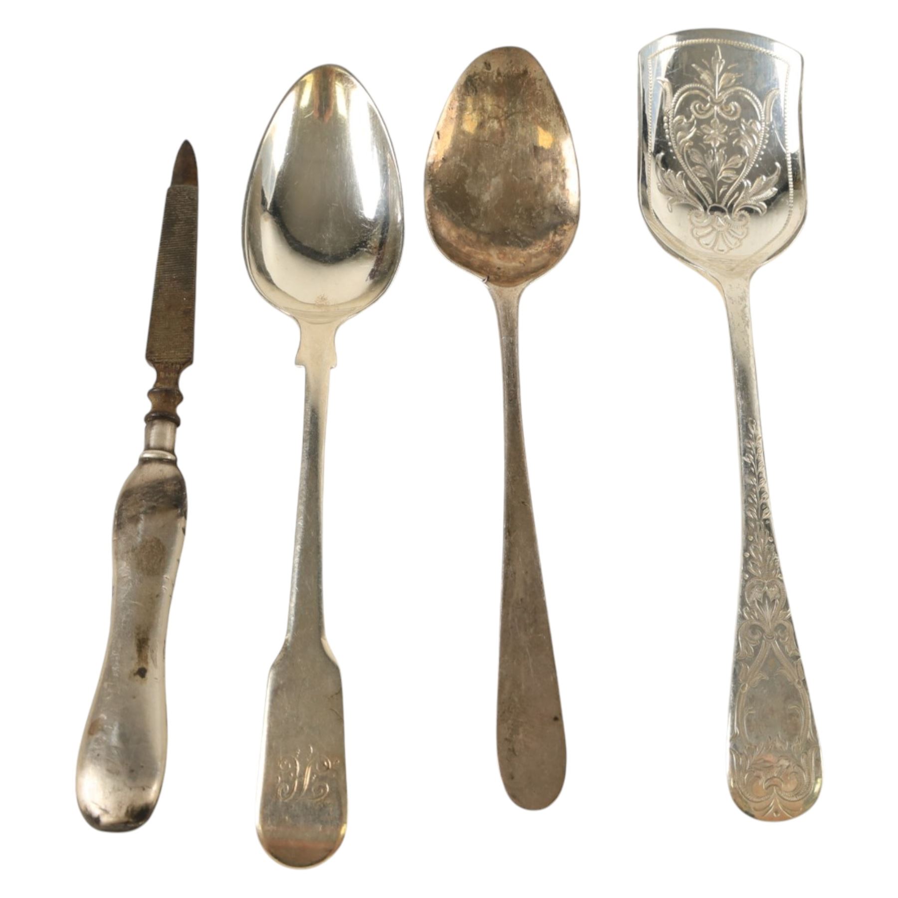 Three silver spoons and a silver handled file, all hallmarked