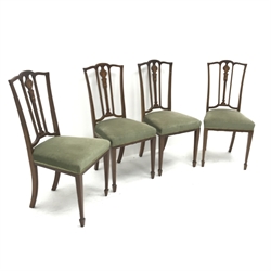 Set Edwardian four inlaid mahogany chairs, shaped cresting rail, upholstered seat, square tapering supports on spade feet, W44cm