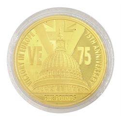 Queen Elizabeth II Jersey 2020 '75th Anniversary VE Day Victory in Europe' 22ct gold proof five pound coin, cased with certificate