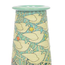 Dennis Chinaworks 'Time Flies' 20th Anniversary vase, designed by Sally Tuffin dated 2013 and numbered 8, of tapering cylindrical form with flared rim, decorated with doves upon a tube lined blue/green ground, with impressed and painted marks beneath, H24cm