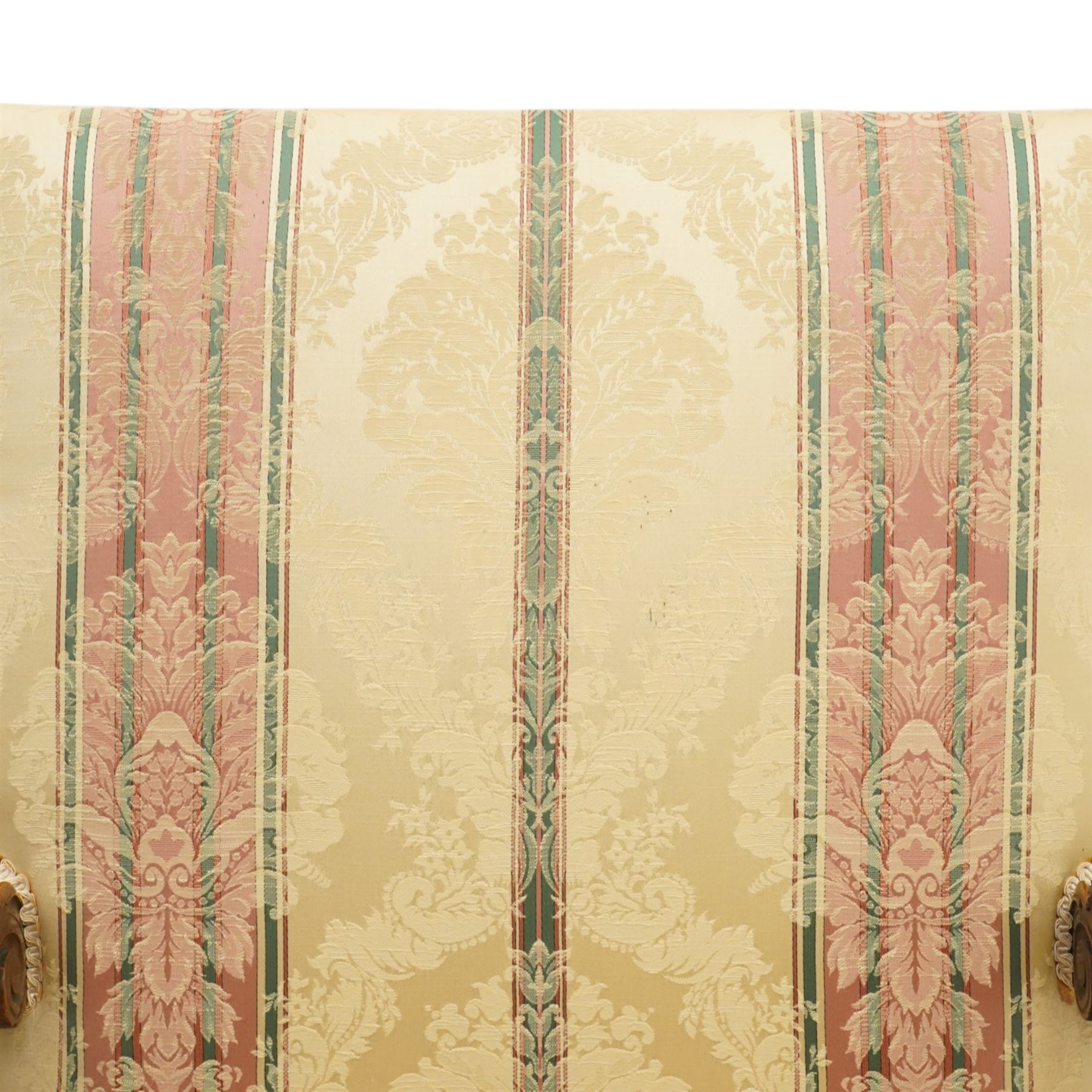 Pair of French Louis XIV design carved walnut open throne armchairs, high back and sprung seat upholstered in foliate damask fabric, acanthus carved scroll form arms over reeded and scrolled supports united by shaped stretcher