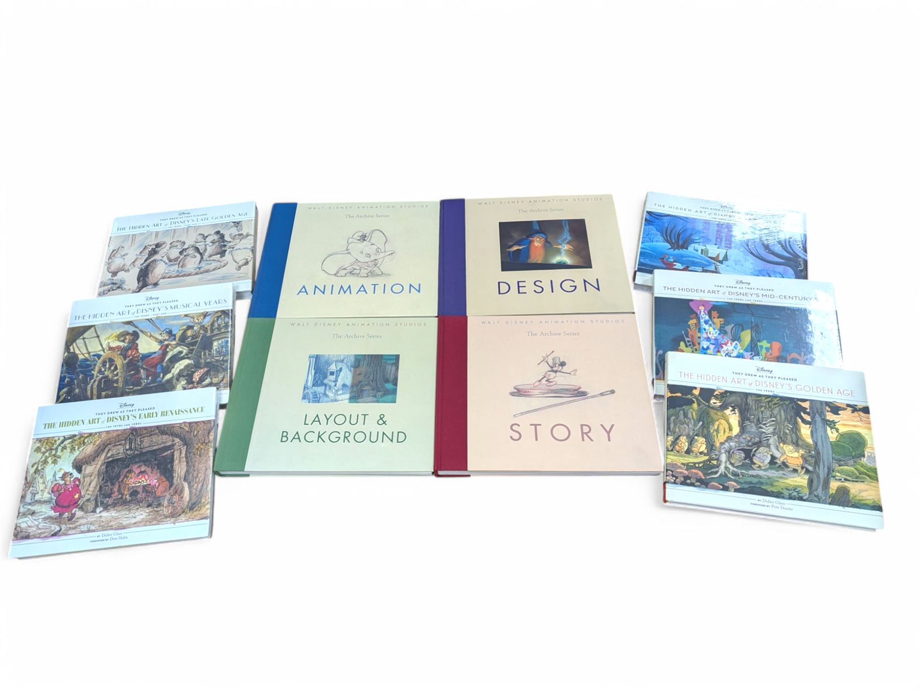 Ten Disney animation books, comprising six volumes of The Hidden Art of Disneys Golden Age - They Drew As They Pleased and four volumes from The Archive Series - Animation, Story, Layout and Design, some still sealed