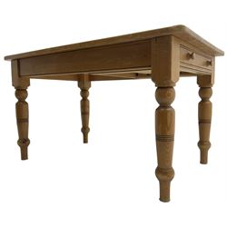 20th century traditional pine farmhouse kitchen table, rectangular top, fitted with single drawer, raised on tapering ring turned supports