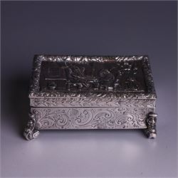 Victorian silver tobacco box, rectangular form, hinged lid embossed with a gaming scene, t...